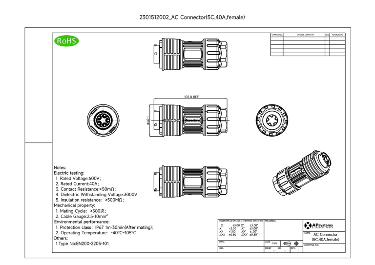 40A AC Female Connector EN 5 wire OPTIONAL APsystems USA The 