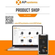 APsystems logo with 'PRODUCT SHOP' heading, orange 'BUY NOW' banner, and a left QR code on white background.