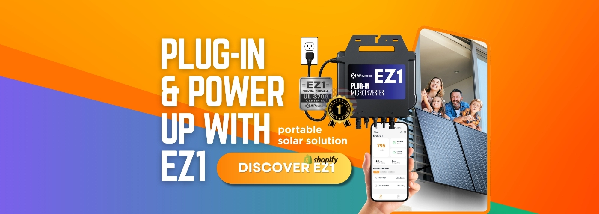 Advertisement banner for EZ1 portable solar solution showing a plug-in microinverter, smartphone app, and a family by solar panels in an orange/purple gradient background, conveying a quick setup and family-friendly energy solution.