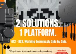 unnamed 1 - APsystems USA | The global leader in multi-platform MLPE technology - APsystems USA | The global leader in multi-platform MLPE technology Promotional poster for APsystems: orange background with a rooftop solar inverter image, bold text '2 SOLUTIONS. 1 PLATFORM.' and a testimonial box featuring Red Sun Solar LLC.