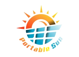 Logo for Portable Sun: orange sun rising over blue solar panels with the words Portable Sun in orange and blue.