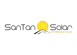 SanTan Solar logo featuring a yellow sun over a white mountain silhouette with the company name on either side and the tagline Affordable Solar