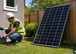 solar-installer-plug-in-opportunity_188988f9 - APsystems USA | The global leader in multi-platform MLPE technology - APsystems USA | The global leader in multi-platform MLPE technology Worker in hard hat and high‑visibility vest crouches by wall outlet, wiring a cable during solar panel installation in a yard.