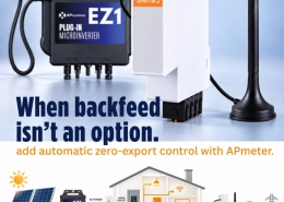 unnamed 12 - APsystems USA | The global leader in multi-platform MLPE technology - APsystems USA | The global leader in multi-platform MLPE technology EZ1 plug-in microinverter connected to APmeter, advert banner about zero-export control for home solar systems.