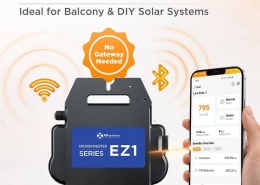 unnamed 7 - APsystems USA | The global leader in multi-platform MLPE technology - APsystems USA | The global leader in multi-platform MLPE technology APsystems EZ1 microinverter with built‑in Wi‑Fi/Bluetooth and a 'No Gateway Needed' badge, shown beside a smartphone app display for real‑time monitoring,