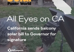 unnamed 8 - APsystems USA | The global leader in multi-platform MLPE technology - APsystems USA | The global leader in multi-platform MLPE technology Solar Power World article image with orange logo and California silhouette; headline reads 'All Eyes on CA' about a balcony solar bill in California.