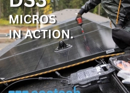 unnamed 9 - APsystems USA | The global leader in multi-platform MLPE technology - APsystems USA | The global leader in multi-platform MLPE technology Worker on a roof installing solar panels; DS3 Micros in Action text with Ecotech Solar Timber Creek Community Project branding.
