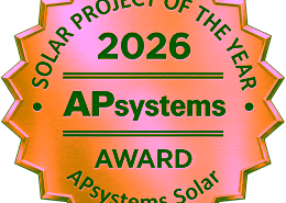 APsystems 2026 Brushed Gold Award Seal - APsystems USA | The global leader in multi-platform MLPE technology - APsystems USA | The global leader in multi-platform MLPE technology Gold seal reading 'Solar Project of the Year 2026' with APsystems logo and 'Award' text