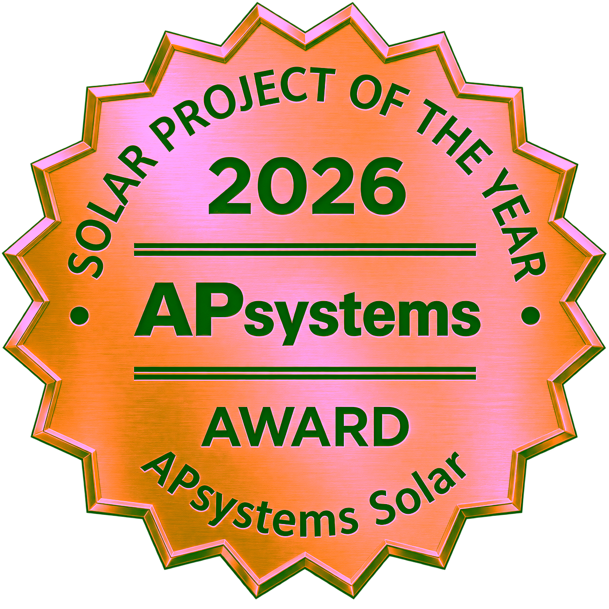 Gold seal reading 'Solar Project of the Year 2026' with APsystems logo and 'Award' text