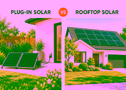 APsystems Plug-in solar vs rooftop solar - APsystems USA | The global leader in multi-platform MLPE technology - APsystems USA | The global leader in multi-platform MLPE technology Split-screen: left shows portable plug-in solar panels connected to a wall outlet; right shows a house with rooftop solar panels on the roof.