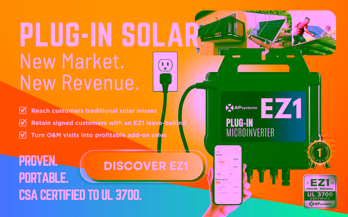 Promotional banner for EZ1 plug-in solar microinverter showing device, app, and a 'DISCOVER EZ1' CTA with solar panels imagery in the background.