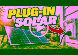 Solar panels on grass connected to a wall outlet with a cable under a bold 'Plug-In Solar' banner (concept: plugging solar into a home outlet)