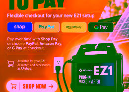 unnamed 19 - APsystems USA | The global leader in multi-platform MLPE technology - APsystems USA | The global leader in multi-platform MLPE technology Bright orange ad promoting EZ1 plug-in microinverter with payment options (Shop Pay, PayPal, Amazon Pay, G Pay) and a prominent “Shop Now” button.
