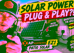 Thumbnail of a man in a cap holding a plug next to a solar panel and inverter on a patio with a bold yellow/red 'SOLAR POWER PLUG & PLAY?!' banner in the background.